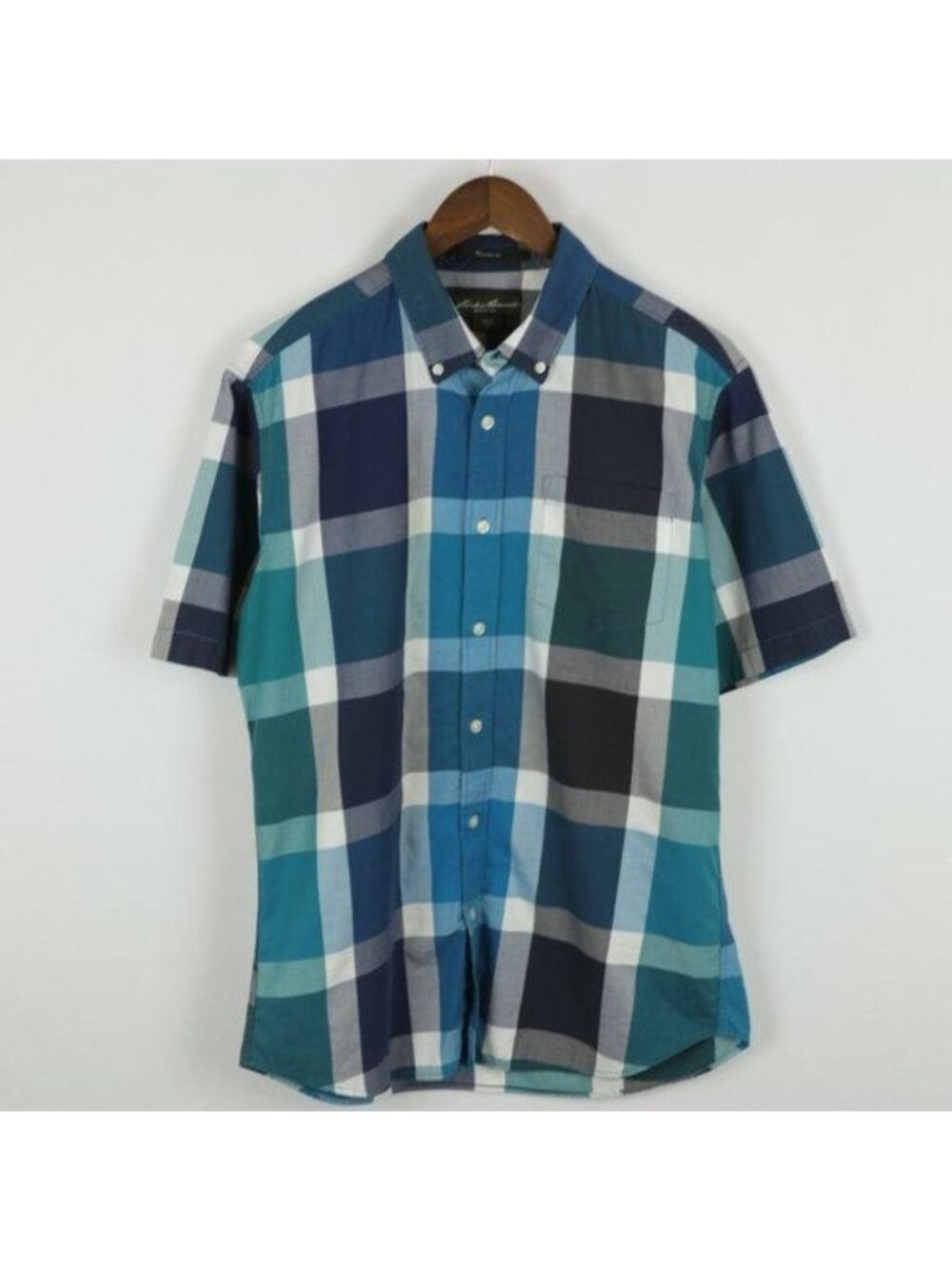 Eddie Bauer Men's Small Blue White Plaid Casual Short Sleeve Button Up Shirt